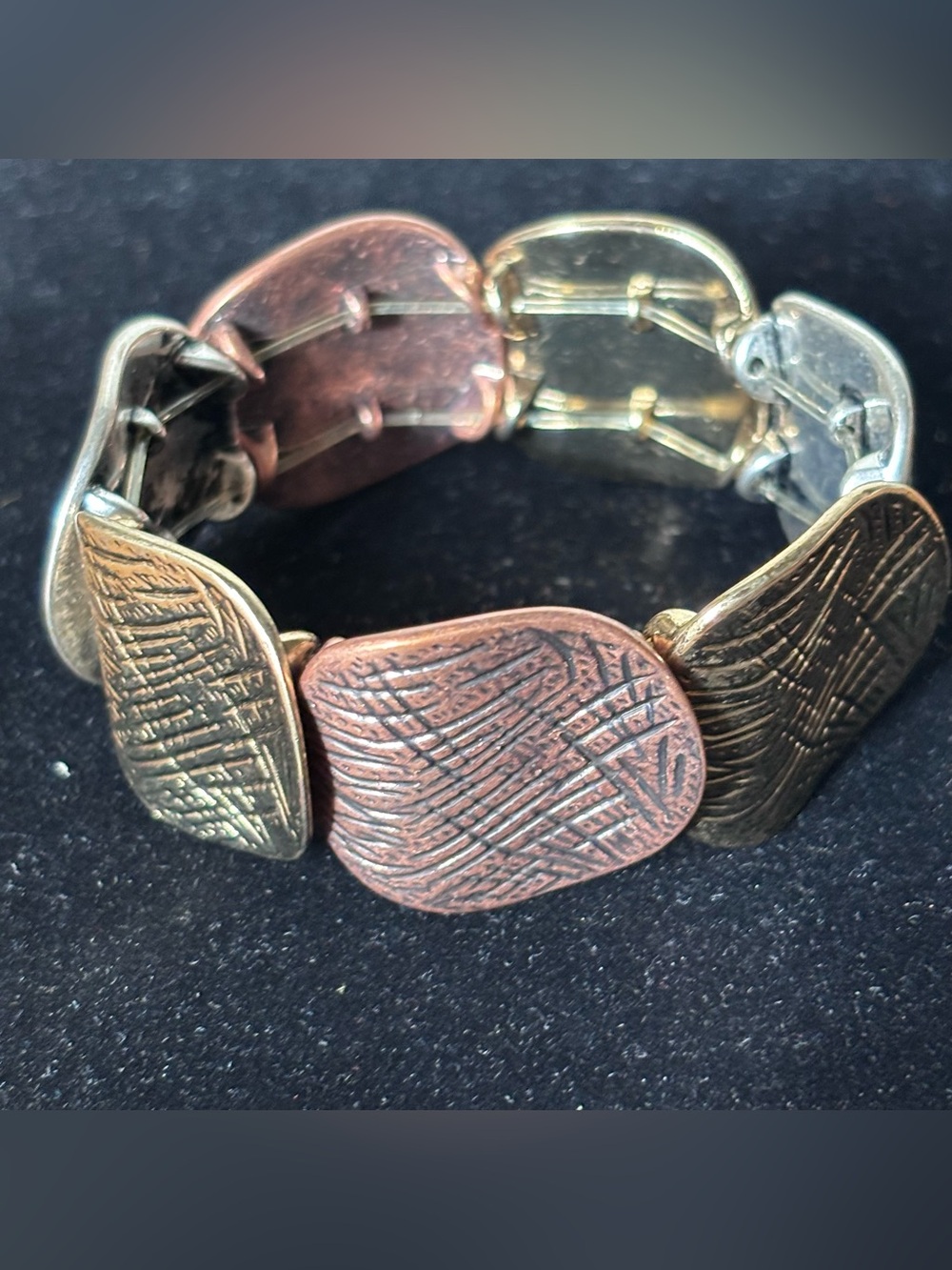 Vintage Tri Tone Mixed Metal Stretch Bracelet Silver Copper Brass Textured Panel